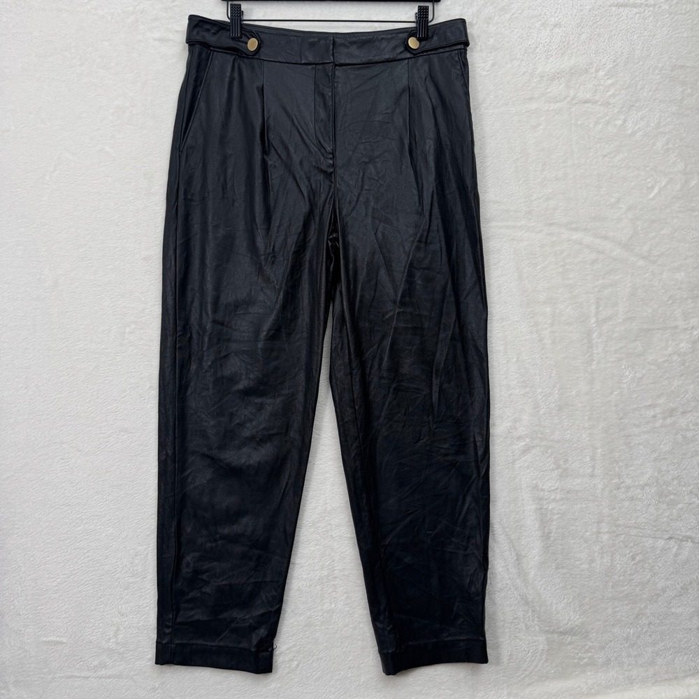 LOFT Pants Women 10 Black Faux Leather Tapered High Rise Pleated Gold Button